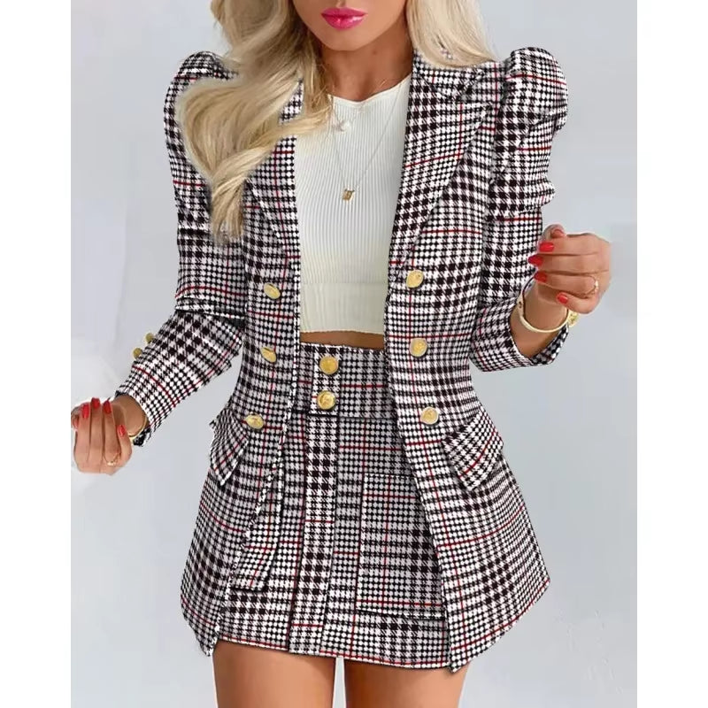 2025 Spring Autumn Women's Fashion Plaid Print Mini Dress Set - Elegant Casual 2-Piece Suit